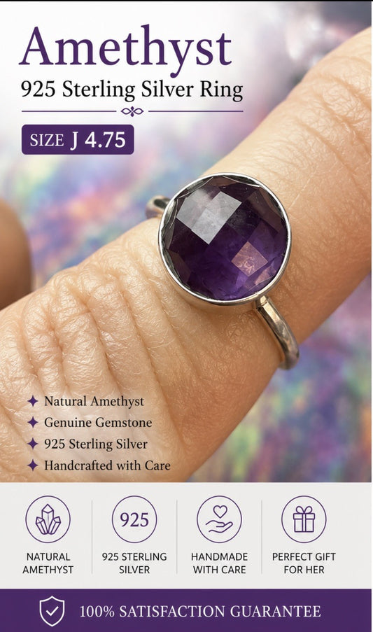 Amethyst 925 Sterling Silver Ring Size J 4.75