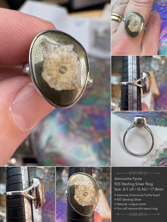 Size 8.5 Natural Ammonite Pyrite Crystal Ring 925 silver Q