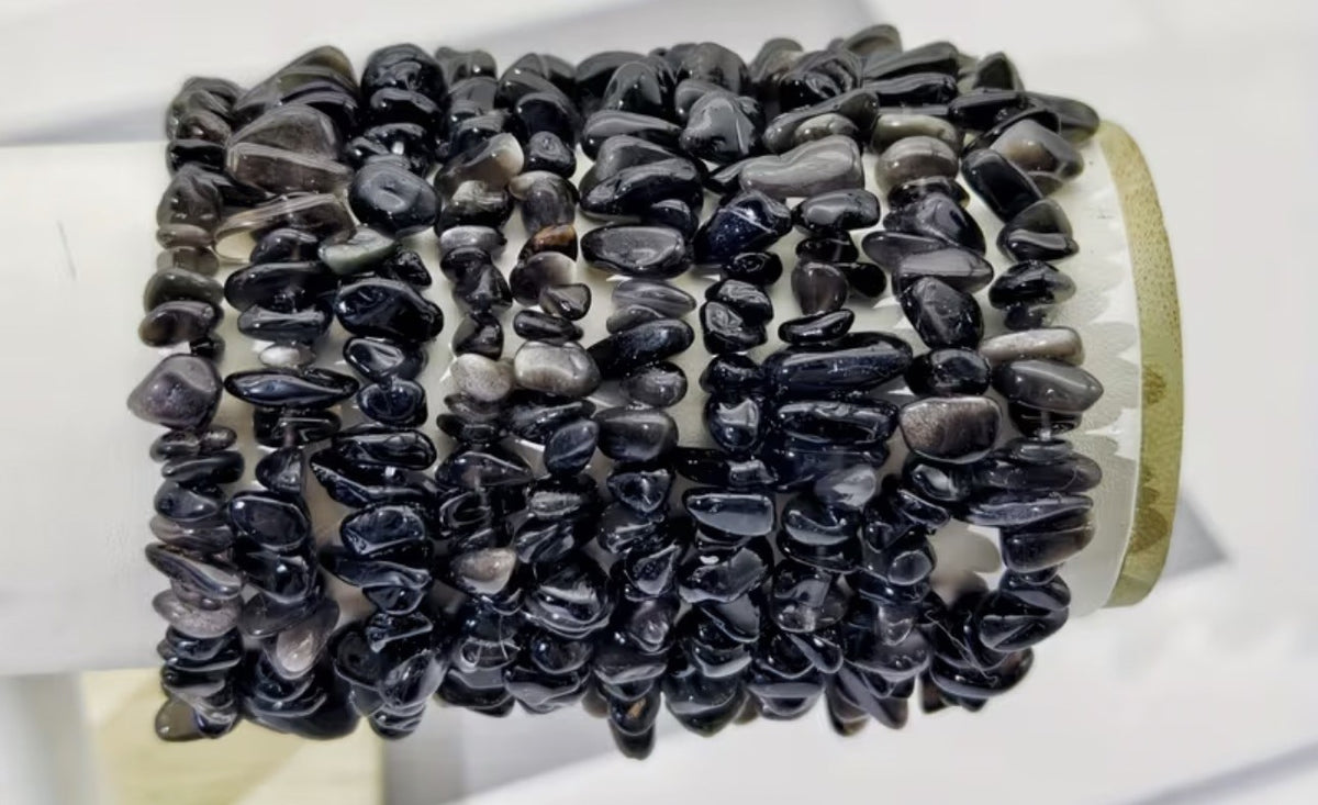Black Obsidian Chip Bead Stretch Bracelet Genuine Gemstones