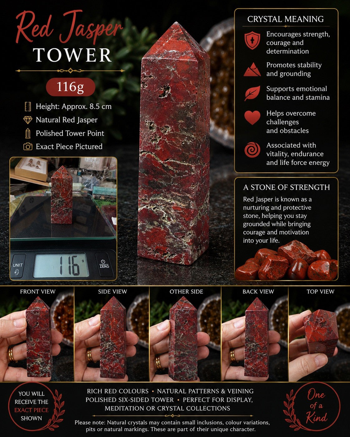 Red Jasper Crystal Tower – 116g Natural Grounding Stone Point   reiki meditation
