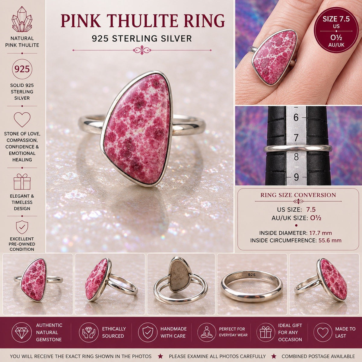 Size 7.5 Natural Pink Thulite  Ring 925 silver O.5