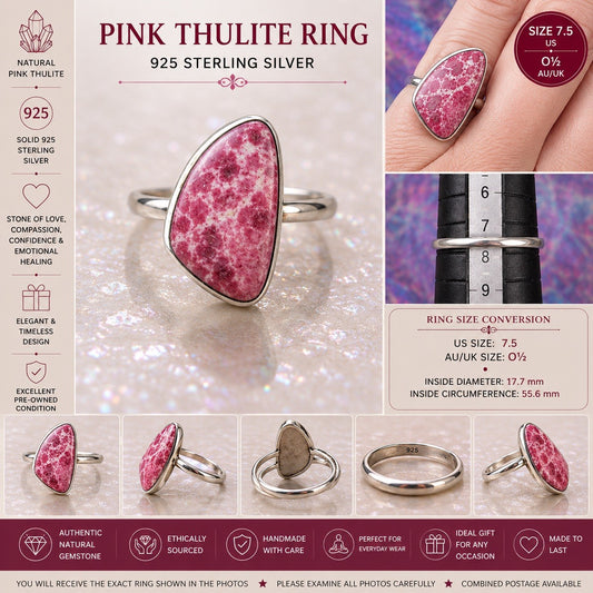 Size 7.5 Natural Pink Thulite  Ring 925 silver O.5