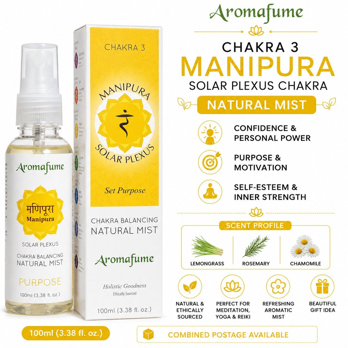 Aromafume Chakra 3 Manipura Solar Plexus Natural Mist Spray 100ml Meditate Reiki