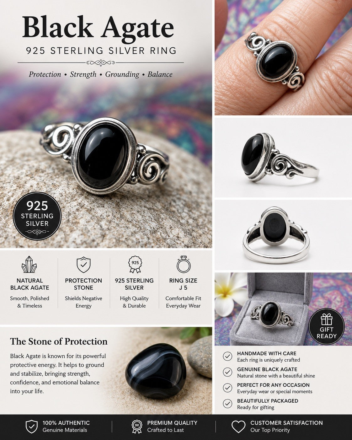 Black Agate 925 Sterling Silver Ring Size J 5