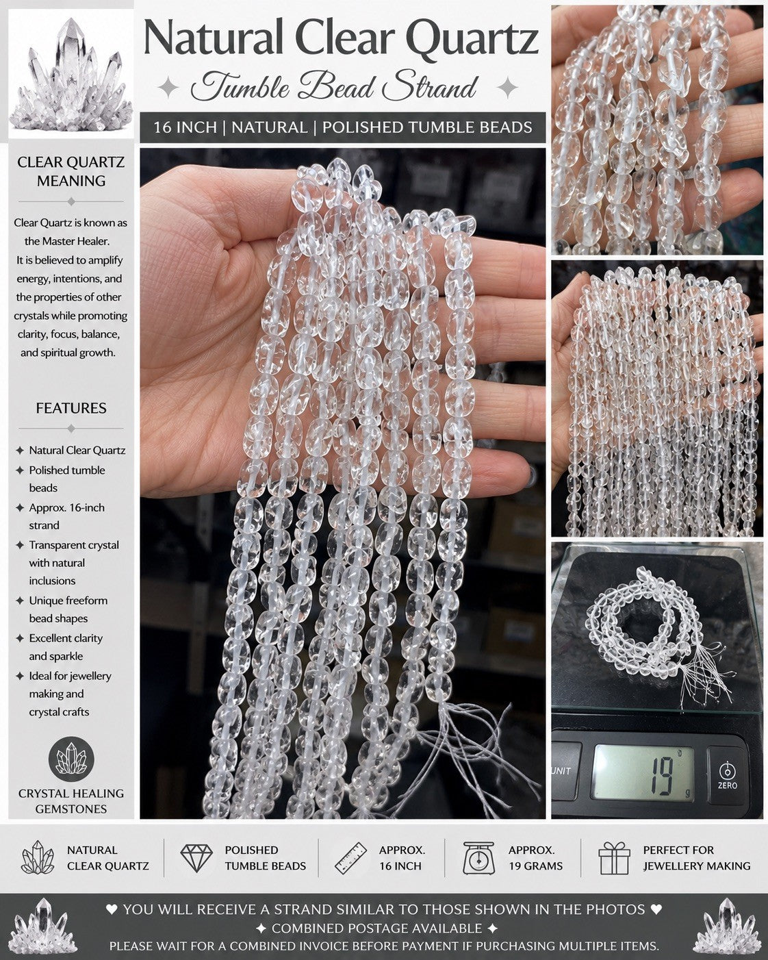 Natural Clear Quartz Tumble Bead Strand – 16 Inch
