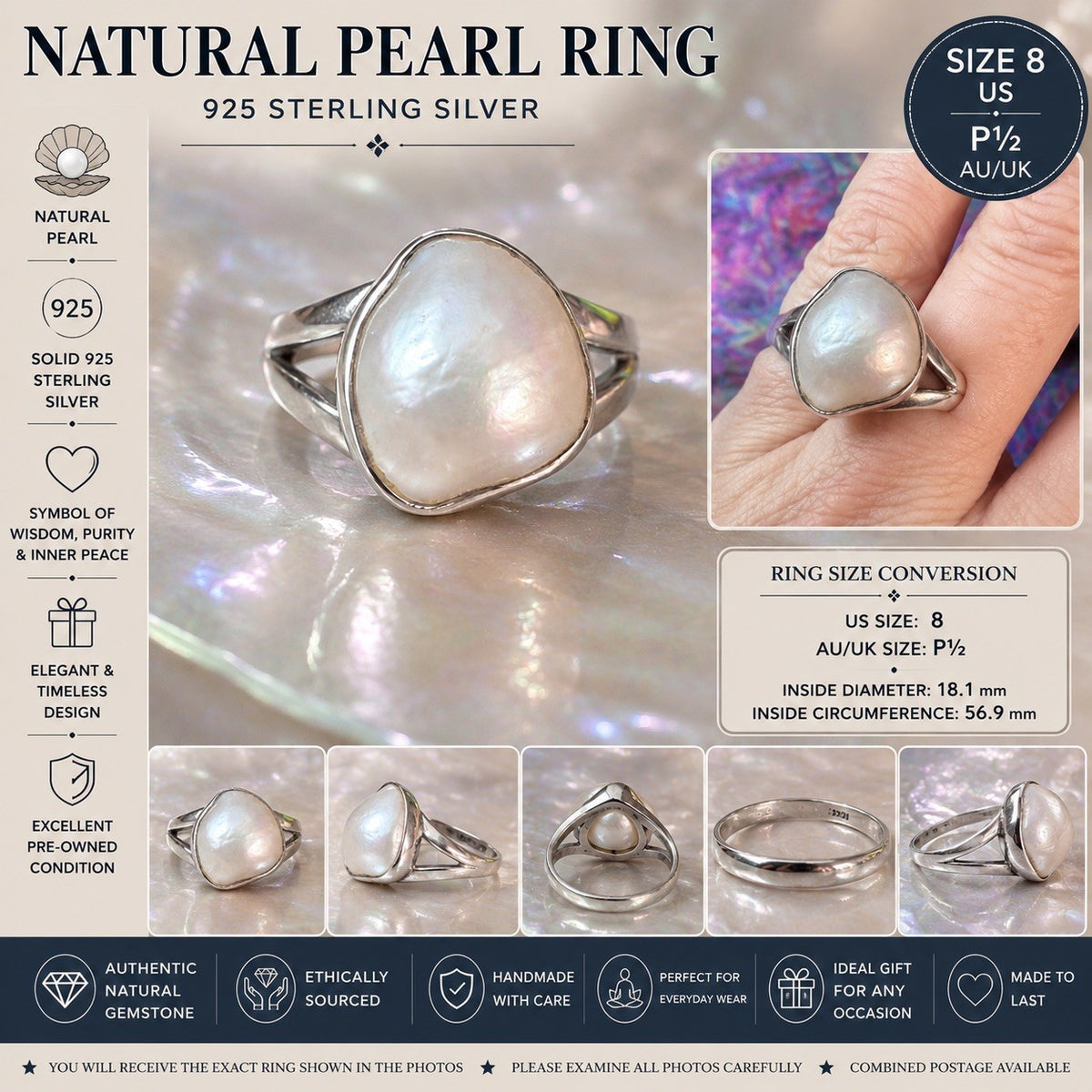 Size 8 Natural Pearl Ring 925 silver P.5
