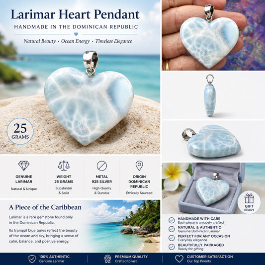 25 Gram 925 Silver Larimar Heart Pendant Handmade In  the Dominican Republic