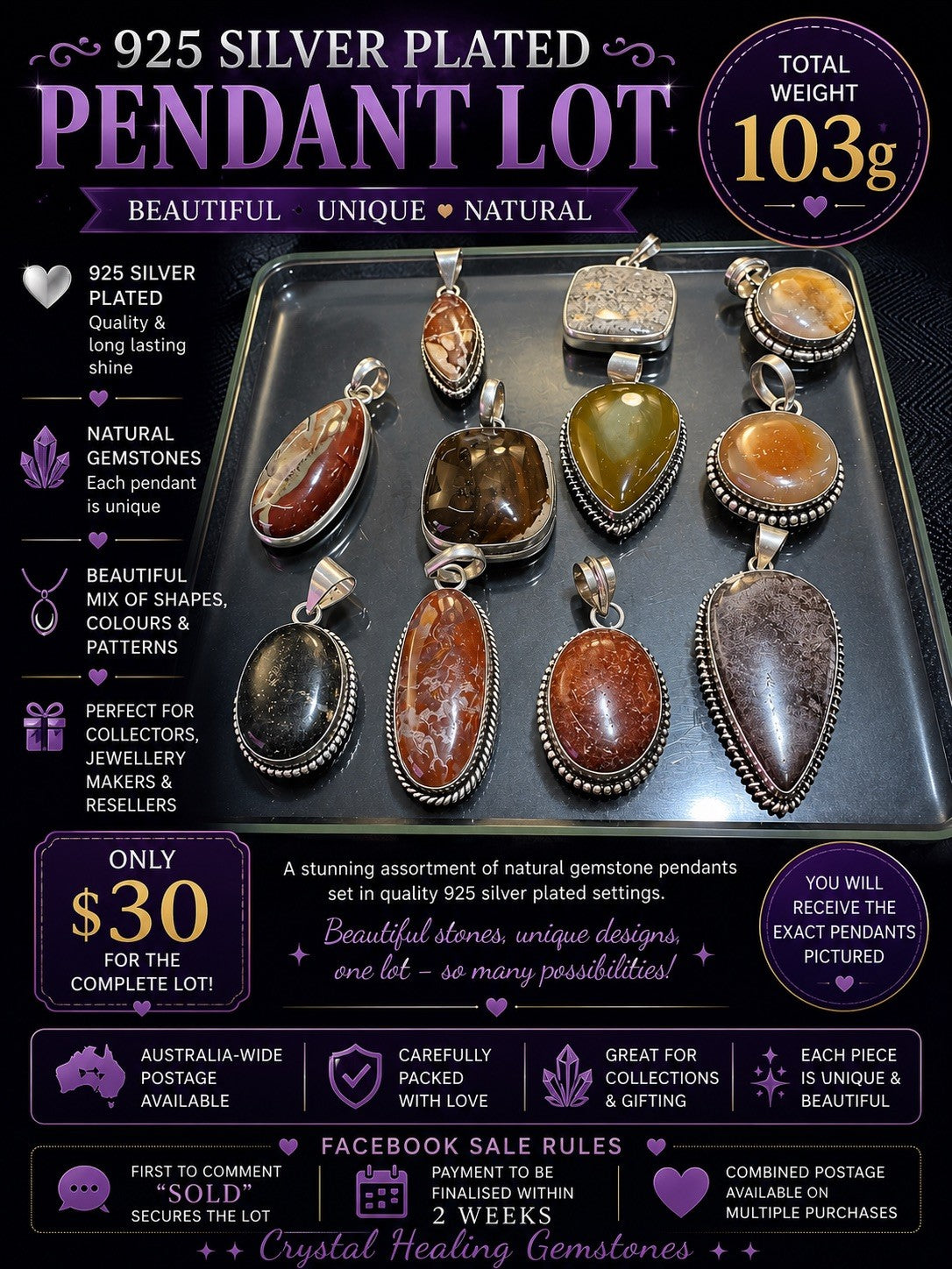 Gemstone Pendant Lot 103 Grams 925 Silver Plated stamped